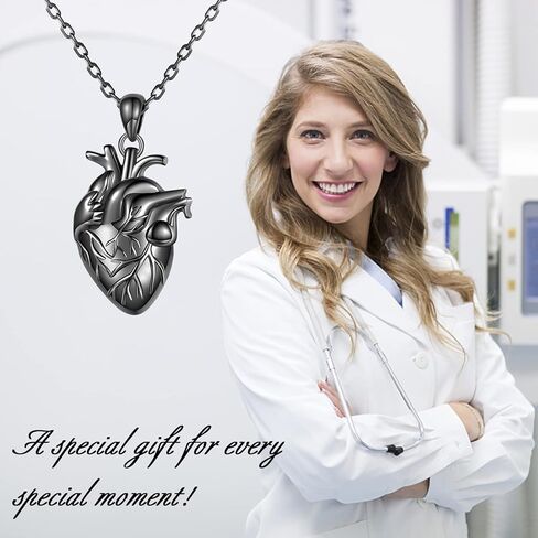 925-Sterling-Silver Anatomical Heart Necklace for Men - 3D Anatomical Organ realistic Black Human Heart Pendant Gothic Steampunk Jewelry Cool Gifts for Boyfriend Birthday Medical Nurse Gift for Women in Kuwait