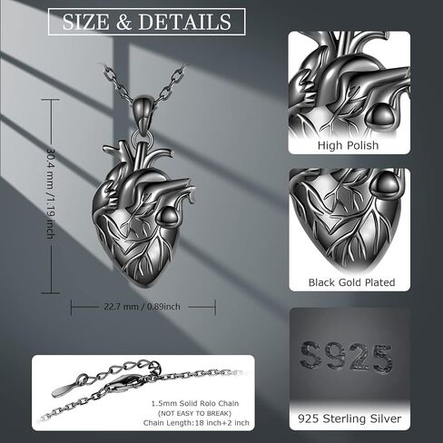 925-Sterling-Silver Anatomical Heart Necklace for Men - 3D Anatomical Organ realistic Black Human Heart Pendant Gothic Steampunk Jewelry Cool Gifts for Boyfriend Birthday Medical Nurse Gift for Women in Kuwait