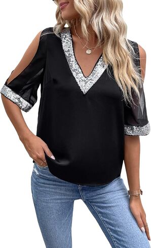 MakeMeChic Women's Glitter Sequin Trim Cold Shoulder Short Sleeve V Neck Mesh Blouse Top in Saudi Arabia