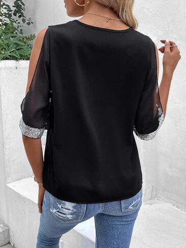 MakeMeChic Women's Glitter Sequin Trim Cold Shoulder Short Sleeve V Neck Mesh Blouse Top in Saudi Arabia