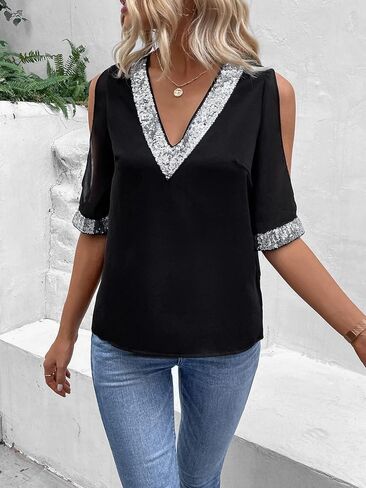 MakeMeChic Women's Glitter Sequin Trim Cold Shoulder Short Sleeve V Neck Mesh Blouse Top in Saudi Arabia