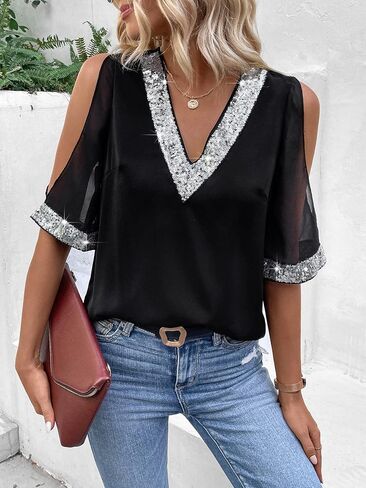 MakeMeChic Women's Glitter Sequin Trim Cold Shoulder Short Sleeve V Neck Mesh Blouse Top in Saudi Arabia