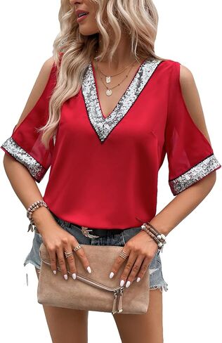 MakeMeChic Women's Glitter Sequin Trim Cold Shoulder Short Sleeve V Neck Mesh Blouse Top in Saudi Arabia