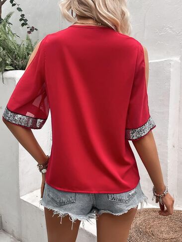 MakeMeChic Women's Glitter Sequin Trim Cold Shoulder Short Sleeve V Neck Mesh Blouse Top in Saudi Arabia