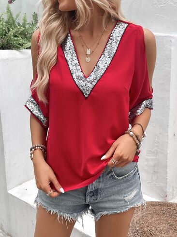 MakeMeChic Women's Glitter Sequin Trim Cold Shoulder Short Sleeve V Neck Mesh Blouse Top in Saudi Arabia