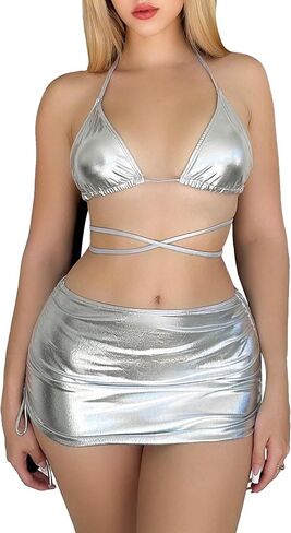 SOLY HUX Women's 3 Piece Swimsuits Metallic Halter Triangle Bikini Sets Bathing Suit with Drawstring Beach Skirt in Saudi Arabia