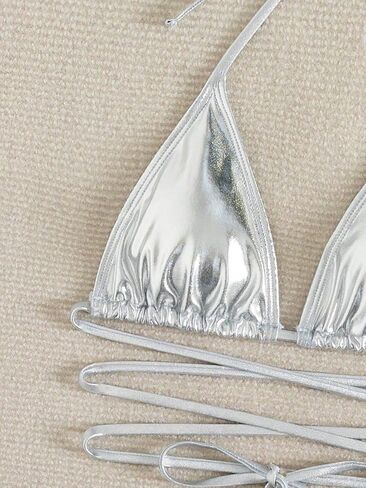 SOLY HUX Women's 3 Piece Swimsuits Metallic Halter Triangle Bikini Sets Bathing Suit with Drawstring Beach Skirt in Saudi Arabia