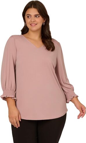 Adrianna Papell Women's Plus Size 3/4 Smocked Sleeve Solid Top in Saudi Arabia