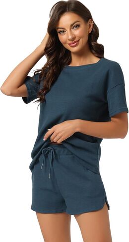 Womens Lounge Sets with Pockets Waffle Outfits T-shirt and Shorts Loungewear Sweatsuits in Saudi Arabia