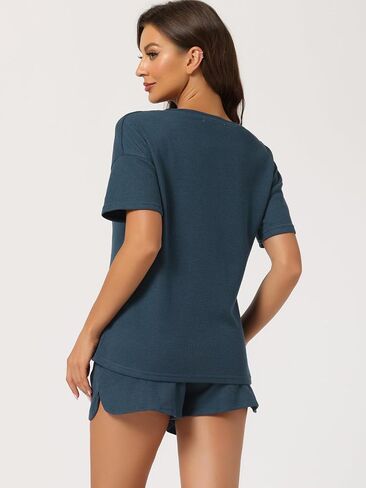 Womens Lounge Sets with Pockets Waffle Outfits T-shirt and Shorts Loungewear Sweatsuits in Saudi Arabia