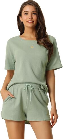 Womens Lounge Sets with Pockets Waffle Outfits T-shirt and Shorts Loungewear Sweatsuits in Saudi Arabia