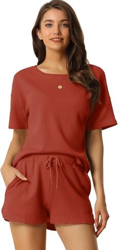 Womens Lounge Sets with Pockets Waffle Outfits T-shirt and Shorts Loungewear Sweatsuits in Saudi Arabia
