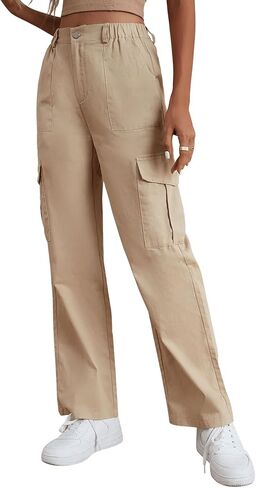 SweatyRocks Women's Solid Stright Leg Cargo Pants Casual High Waist Woven Fabric Pant with Slant Pocket in Saudi Arabia