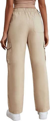 SweatyRocks Women's Solid Stright Leg Cargo Pants Casual High Waist Woven Fabric Pant with Slant Pocket in Saudi Arabia