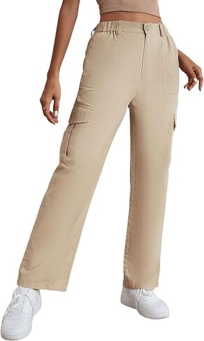 SweatyRocks Women's Solid Stright Leg Cargo Pants Casual High Waist Woven Fabric Pant with Slant Pocket in Saudi Arabia