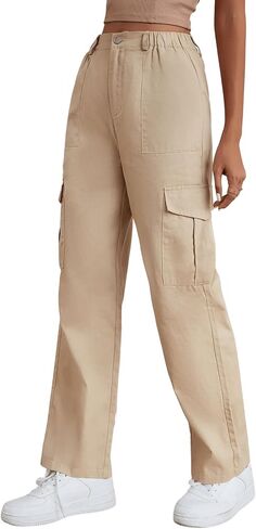 SweatyRocks Women's Solid Stright Leg Cargo Pants Casual High Waist Woven Fabric Pant with Slant Pocket in Saudi Arabia