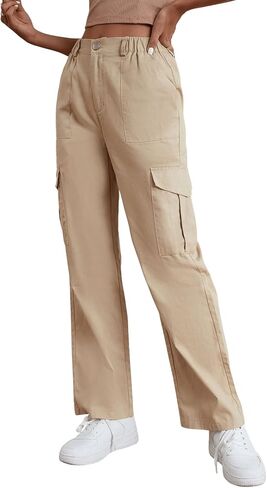 SweatyRocks Women's Solid Stright Leg Cargo Pants Casual High Waist Woven Fabric Pant with Slant Pocket in Saudi Arabia