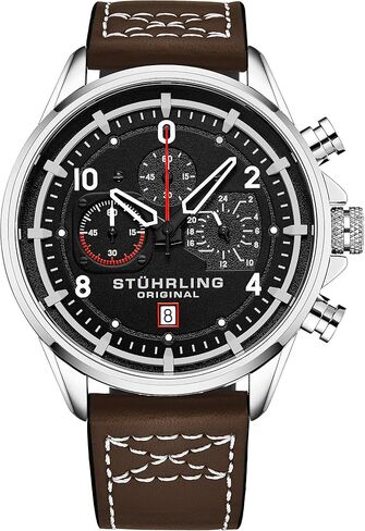 Stuhrling Original Men's Aviator Chronograph Watch with Date and 24 Hour Subdial and Leather Strap in Saudi Arabia