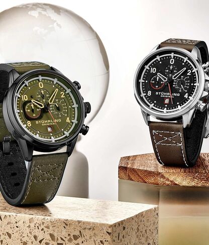Stuhrling Original Men's Aviator Chronograph Watch with Date and 24 Hour Subdial and Leather Strap in Saudi Arabia