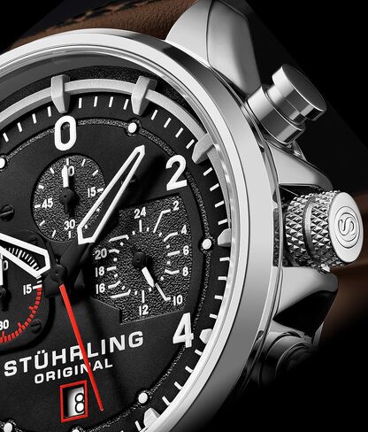 Stuhrling Original Men's Aviator Chronograph Watch with Date and 24 Hour Subdial and Leather Strap in Saudi Arabia
