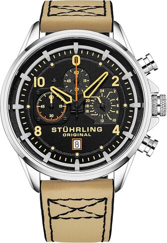 Stuhrling Original Men's Aviator Chronograph Watch with Date and 24 Hour Subdial and Leather Strap in Saudi Arabia