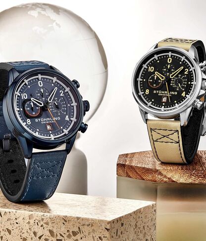 Stuhrling Original Men's Aviator Chronograph Watch with Date and 24 Hour Subdial and Leather Strap in Saudi Arabia