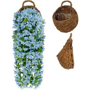 Artificial Hanging Flowers with Basket, Fake Hanging Plant, Silk Fake Bellflower, Faux Flowers Arrangement for Outdoor and Indoor Garden Yard Pouch Porch Eave Balcony Decor (Blue)