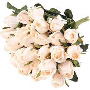 Hawesome 3 Bunches Artificial Flowers Silk Roses Buds Realistic Bouquet Arrangement for Decoration Wedding Party Centerpieces (Red)