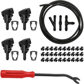42 In 1 Front Windshield Washer Nozzles Kit (Washer Jet+Windshield Washer Fluid Hose+ Connector+ Hood Insulation Retainers) Replacement for Chrysler Dodge Jeep Ram