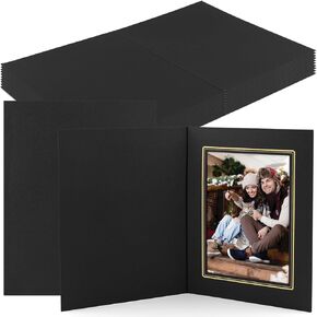Golden State Art, Pack of 10, 5x7 Photo Folders, Cardboard Picture Frame, Paper Photo Frame Cards, Greetings/Invitation Cards, Special Events: Graduation, Christmas (Black with Gold Lining)