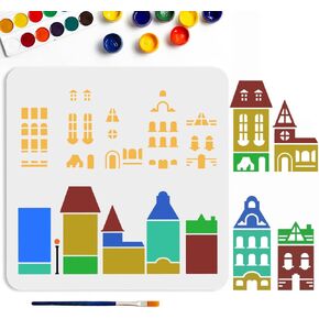 MAYJOYDIY City Hot Air Balloon Stencils 11.8×11.8inch Modern Skyscraper Skyline Stencil with Paint Brush City Buildings Cloud Aircraft Travel Template for Canvas Wall Furniture Decor DIY Crafts
