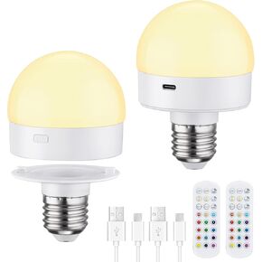 SURAIELEC Rechargeable Light Bulbs, Remote Control Battery Light Bulb with Timer, Dimmable, 3 Color Temperatures, E26 Cordless Bulbs for Wall Sconces, Power Outage Night Light, 2 Pack