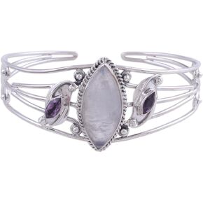 NOVICA Artisan Handmade Rainbow Moonstone Amethyst Cuff Bracelet from India Sterling Silver Birthstone [bracelet 6.25 in L (end to End) x 1.2 in W Pendant(s) 1.2 in L x 1.4 in W x 0.4 in D] '
