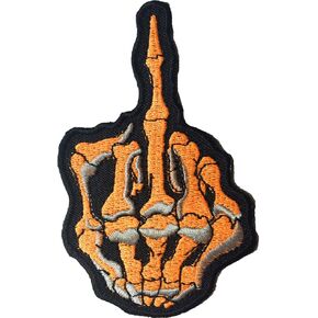 Middle Finger Skeleton Bone Rock Punk Sewing Iron on Embroidered Patch - Orange (Iron-MID-FING-OR)