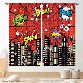 Superhero City Curtains for Boys Kids Teens, Red Spider Web Cityscape Buildings Cartoon Comic Blackout Window Curtains for Baby Room Bedroom Living Nursery 2 Panel Sets, 42"x45" Inch