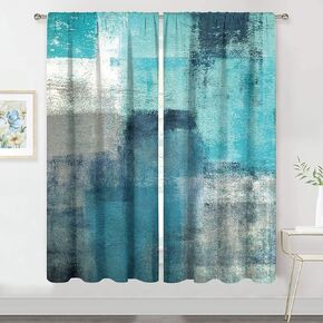 MESHELLY Turquoise Grey Abstract Curtains 42Wx63H Rod Pocket Blue Teal Aqua Gray Art Painting Modern Contemporary Watercolor Background Oil Print Cool Living Room Bedroom Window Drapes Fabric 2 Panel