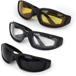 3-Pack Motorcycle Glasses – Foam Padding – Anti-Wind & Dust – Polycarbonate Lens