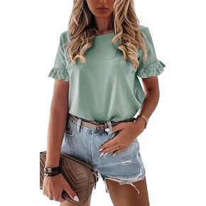 ECOWISH Womens Casual Ruffle Tops: Short Sleeve Summer Blouses Soild Crewneck Tunics Shirts