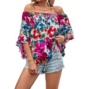 OYOANGLE Women's Boho Floral Print Off Shoulder 3/4 Sleeve Shirred Blouses Casual Top Shirts