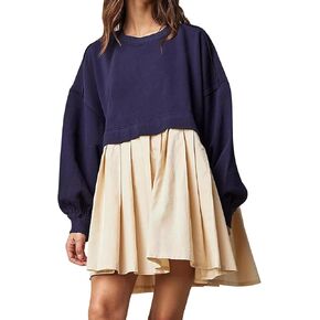 Women's Oversized Sweatshirt Dress Long Sleeve Crewneck Pullover Top Loose Sweatshirt Knee Mini Pleated