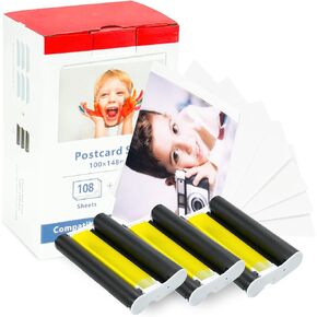 3 Color Ink and 108 Sheet Photo Paper Compatible with KP-108IN Color Ink Paper Set 4 x 6 Paper Set, 100 x 148 mm Waterproof Photo Printer Paper for Selphy CP1200 CP1300 Ink and Paper Photo Printer