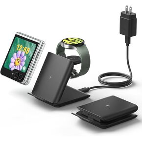 Wireless Charger for Samsung Galaxy Z Flip, 2 in 1 Foldable Travel Fast Wireless Charging Stand for Galaxy Z Flip 5/4/3, Galaxy S24 Ultra/S23/S22/Note 20, Galaxy Watch 6/6 Classic/5/5 Pro, Black