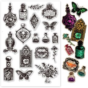 PH PandaHall Bottle Label Clear Stamps, Vintage Rubber Stamps Plants Silicone Stamp Transparent Stamps for Card Making Photo Album Decoration and DIY Scrapbooking 5.83x8.27inch