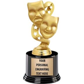 Crown Awards Drama Trophies with Custom Engraving, 7.25" Personalized Gold Drama Masks Trophy On Deluxe Round Base Prime