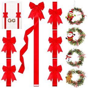 Ysleen 6 Pcs Christmas Cabinet Ribbon Bows Festive Large Xmas Bows and 4 Pcs Christmas Pine Wreath with Snowman Santa Claus Artificial Christmas Front Door Wreath for Christmas Party (Black and White)