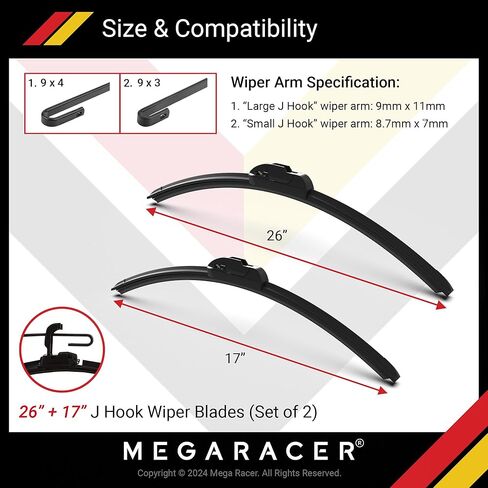 شفرة ممسحة ميجا ريسر 26 بوصة + 17 بوصة، شفرات ممسحة الزجاج الأمامي البديلة للسيارات لسيارتي، مساحات الزجاج الأمامي لجانب السائق والراكب، جودة OEM لجميع المواسم، شفرات ممسحة السيارة المثبتة يدويًا 2 حزمة in Kuwait