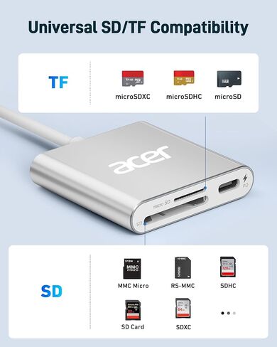 Acer UHS-II USB C SD Card Reader with 100W PD Port, 3-in-1 Type-C SD 4.0 Memory Card Reader Adapter for MicroSD SDXC SDHC MMC RS-MMC UHS-II & UHS-I Cards for iPhone 15, Macbook, Tablet, Camera(Silver) in Saudi Arabia