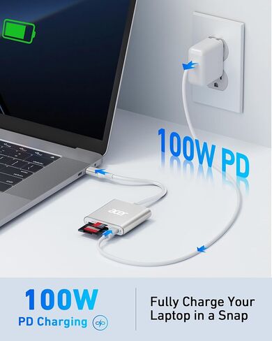 Acer UHS-II USB C SD Card Reader with 100W PD Port, 3-in-1 Type-C SD 4.0 Memory Card Reader Adapter for MicroSD SDXC SDHC MMC RS-MMC UHS-II & UHS-I Cards for iPhone 15, Macbook, Tablet, Camera(Silver) in Saudi Arabia
