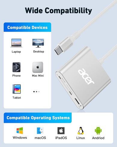 Acer UHS-II USB C SD Card Reader with 100W PD Port, 3-in-1 Type-C SD 4.0 Memory Card Reader Adapter for MicroSD SDXC SDHC MMC RS-MMC UHS-II & UHS-I Cards for iPhone 15, Macbook, Tablet, Camera(Silver) in Saudi Arabia