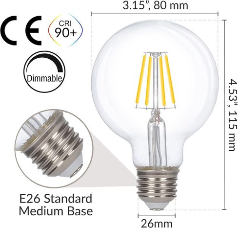 Simba Lighting LED Edison Vintage Vanity Globe Filament G25 (G80) 6W Dimmable 60W Equivalent (3 Pack) 120V Light Bulb for Bathroom Makeup Mirror, Medium E26 Base, CE, RoHS Compliant, Warm White 2700K in Saudi Arabia
